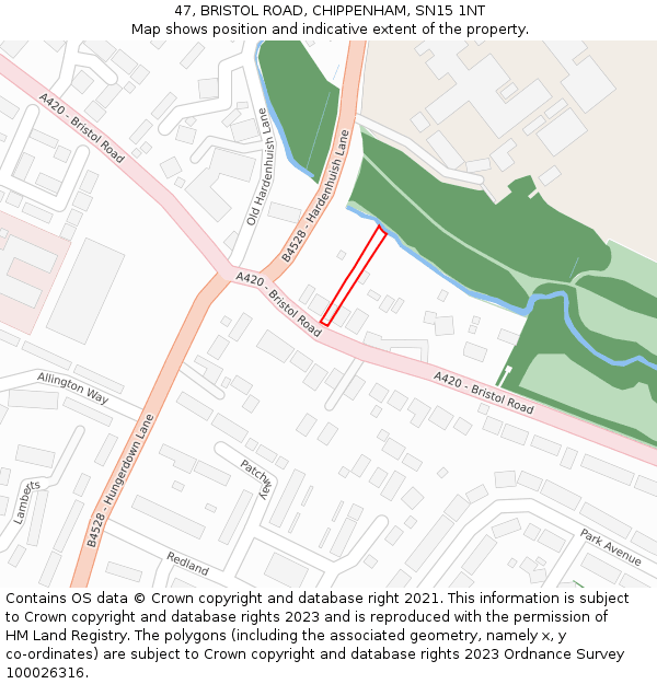 47, BRISTOL ROAD, CHIPPENHAM, SN15 1NT: Location map and indicative extent of plot