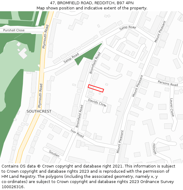 47, BROMFIELD ROAD, REDDITCH, B97 4PN: Location map and indicative extent of plot
