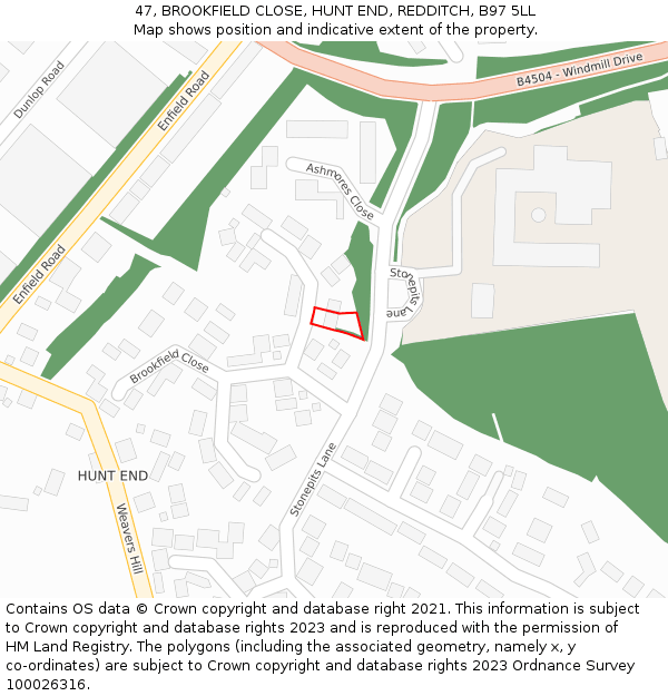 47, BROOKFIELD CLOSE, HUNT END, REDDITCH, B97 5LL: Location map and indicative extent of plot