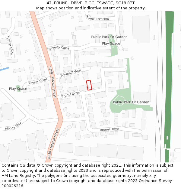 47, BRUNEL DRIVE, BIGGLESWADE, SG18 8BT: Location map and indicative extent of plot