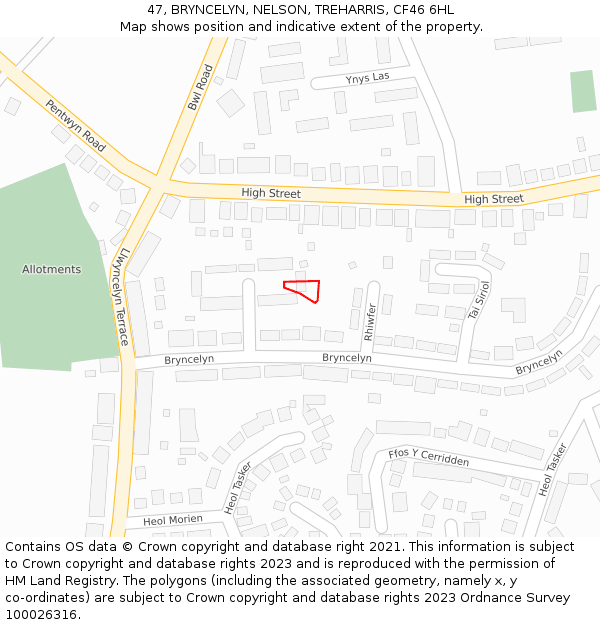 47, BRYNCELYN, NELSON, TREHARRIS, CF46 6HL: Location map and indicative extent of plot