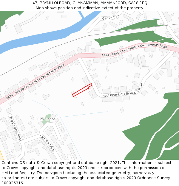 47, BRYNLLOI ROAD, GLANAMMAN, AMMANFORD, SA18 1EQ: Location map and indicative extent of plot