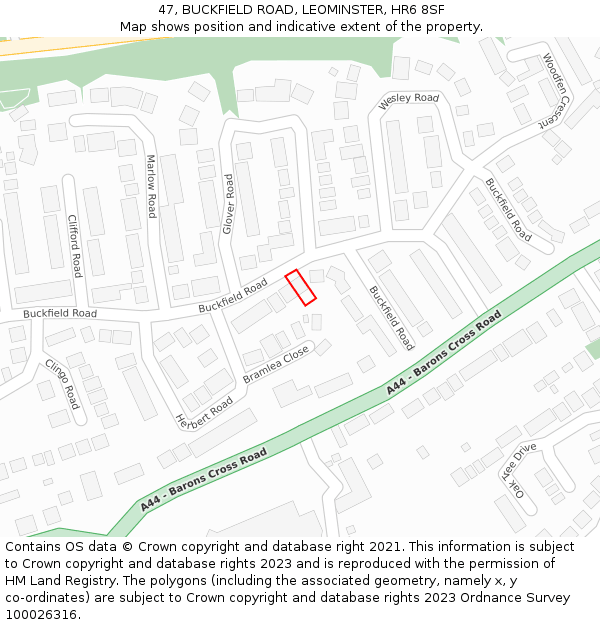 47, BUCKFIELD ROAD, LEOMINSTER, HR6 8SF: Location map and indicative extent of plot