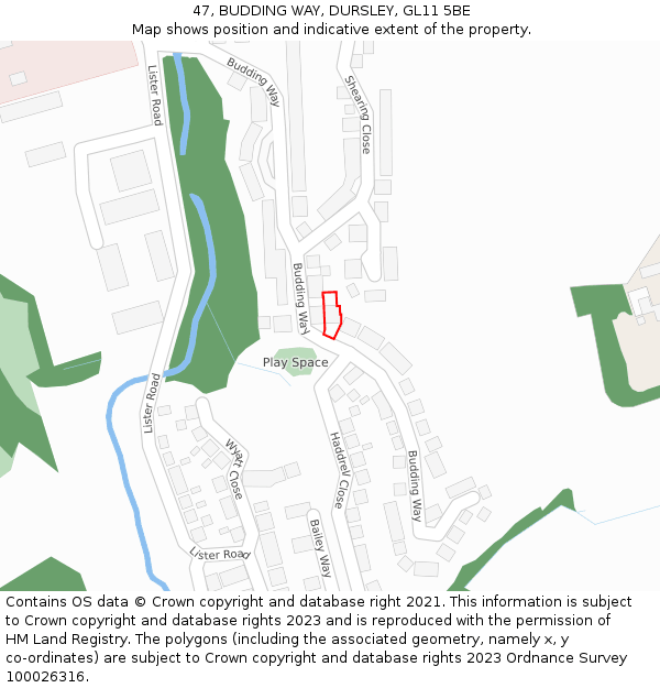 47, BUDDING WAY, DURSLEY, GL11 5BE: Location map and indicative extent of plot