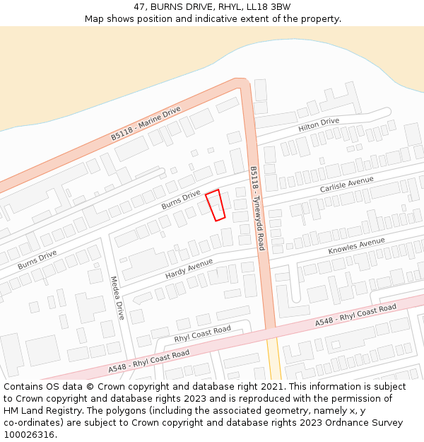 47, BURNS DRIVE, RHYL, LL18 3BW: Location map and indicative extent of plot