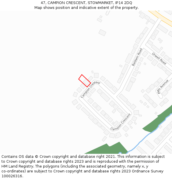 47, CAMPION CRESCENT, STOWMARKET, IP14 2DQ: Location map and indicative extent of plot