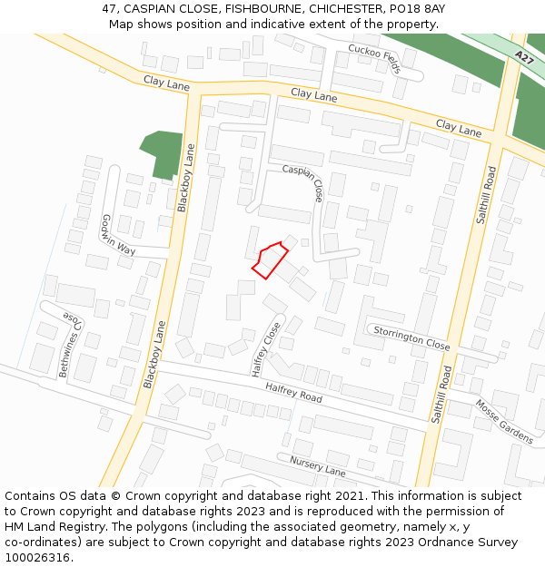 47, CASPIAN CLOSE, FISHBOURNE, CHICHESTER, PO18 8AY: Location map and indicative extent of plot