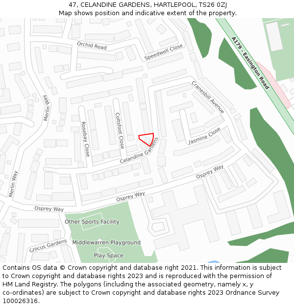 47, CELANDINE GARDENS, HARTLEPOOL, TS26 0ZJ: Location map and indicative extent of plot
