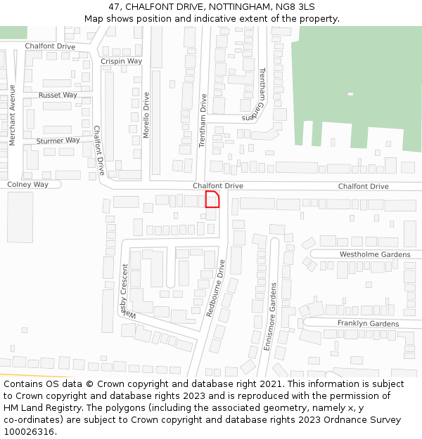 47, CHALFONT DRIVE, NOTTINGHAM, NG8 3LS: Location map and indicative extent of plot