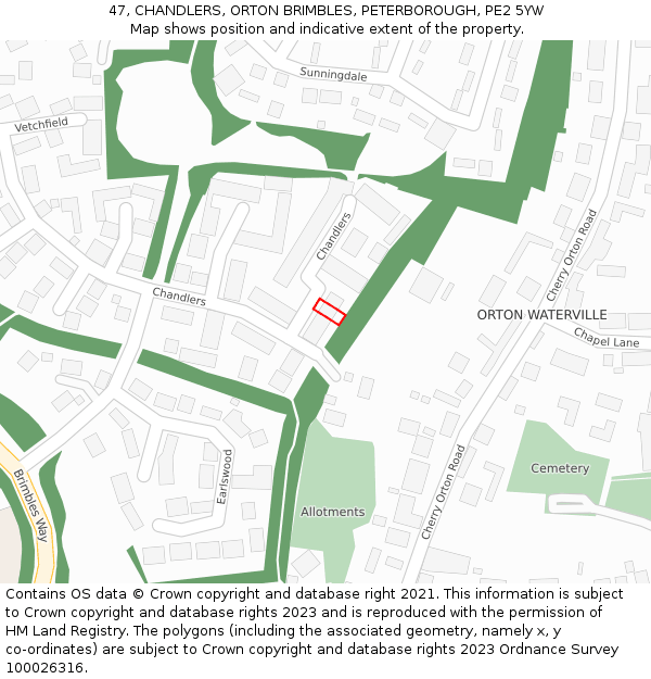 47, CHANDLERS, ORTON BRIMBLES, PETERBOROUGH, PE2 5YW: Location map and indicative extent of plot