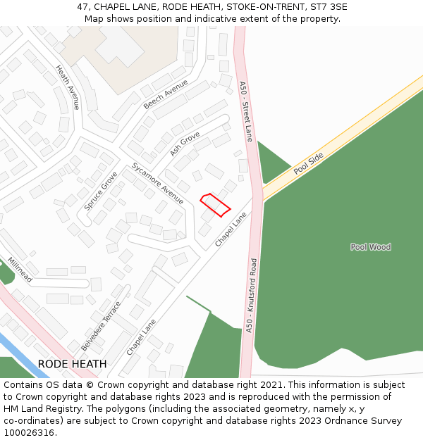 47, CHAPEL LANE, RODE HEATH, STOKE-ON-TRENT, ST7 3SE: Location map and indicative extent of plot