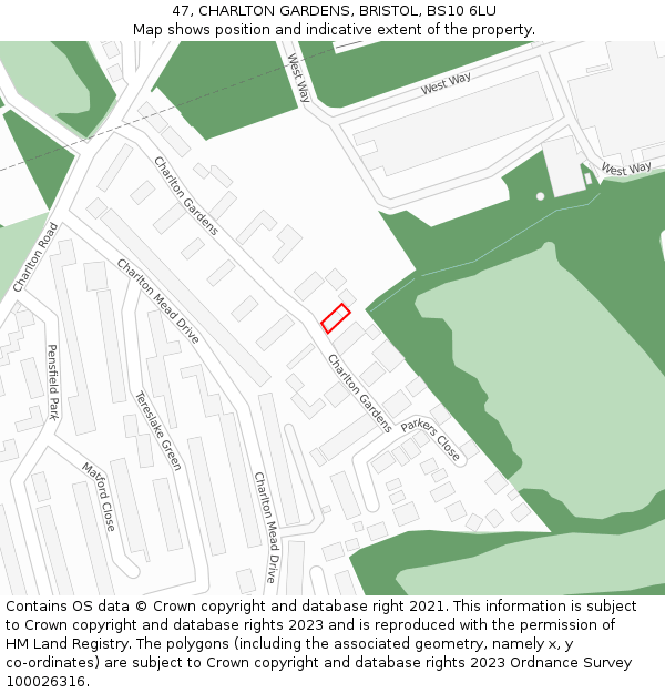 47, CHARLTON GARDENS, BRISTOL, BS10 6LU: Location map and indicative extent of plot