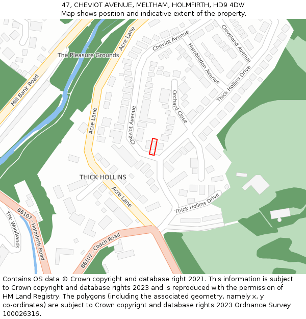 47, CHEVIOT AVENUE, MELTHAM, HOLMFIRTH, HD9 4DW: Location map and indicative extent of plot