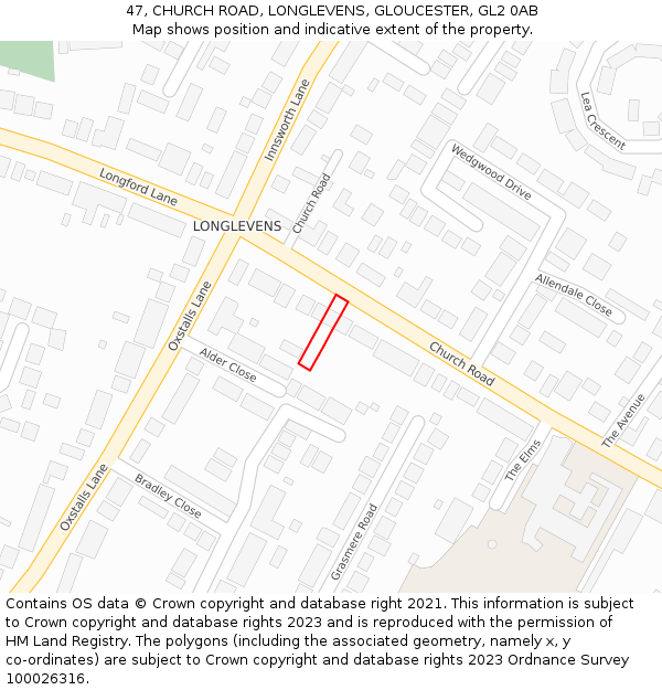 47, CHURCH ROAD, LONGLEVENS, GLOUCESTER, GL2 0AB: Location map and indicative extent of plot