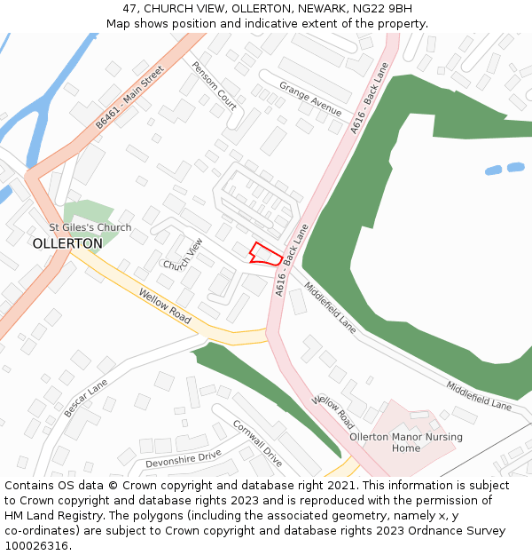 47, CHURCH VIEW, OLLERTON, NEWARK, NG22 9BH: Location map and indicative extent of plot