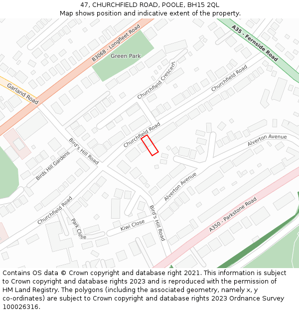 47, CHURCHFIELD ROAD, POOLE, BH15 2QL: Location map and indicative extent of plot