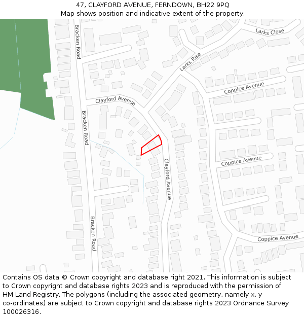 47, CLAYFORD AVENUE, FERNDOWN, BH22 9PQ: Location map and indicative extent of plot