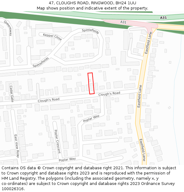 47, CLOUGHS ROAD, RINGWOOD, BH24 1UU: Location map and indicative extent of plot