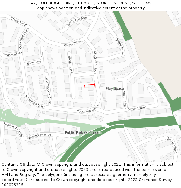 47, COLERIDGE DRIVE, CHEADLE, STOKE-ON-TRENT, ST10 1XA: Location map and indicative extent of plot