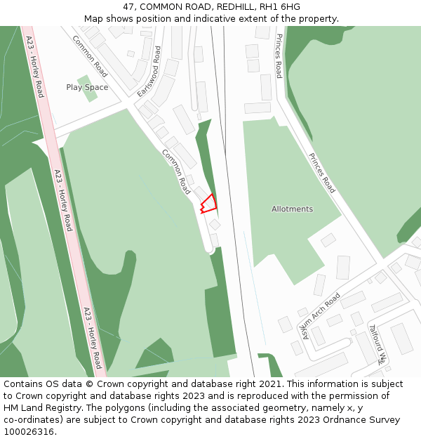 47, COMMON ROAD, REDHILL, RH1 6HG: Location map and indicative extent of plot