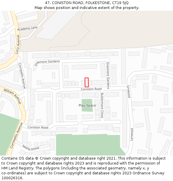 47, CONISTON ROAD, FOLKESTONE, CT19 5JQ: Location map and indicative extent of plot