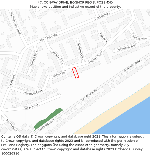 47, CONWAY DRIVE, BOGNOR REGIS, PO21 4XD: Location map and indicative extent of plot