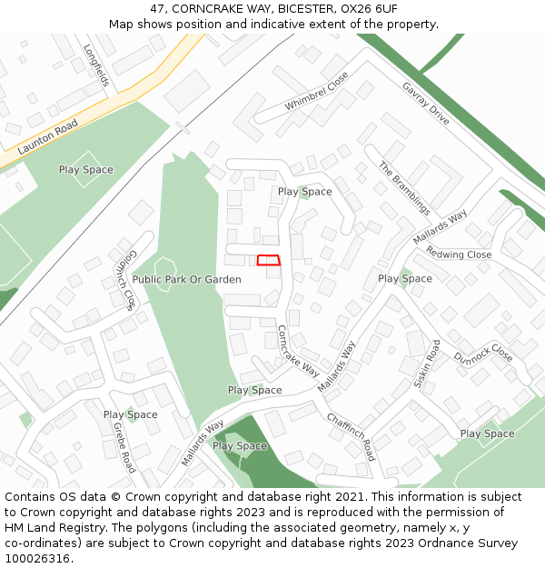 47, CORNCRAKE WAY, BICESTER, OX26 6UF: Location map and indicative extent of plot