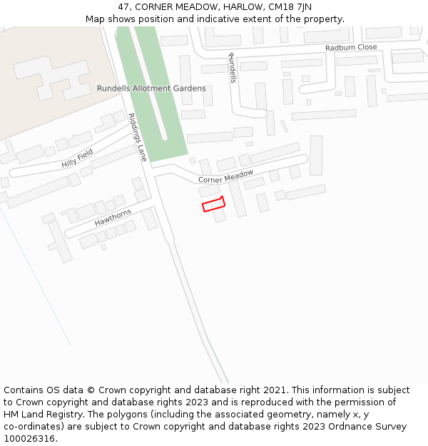 47, CORNER MEADOW, HARLOW, CM18 7JN: Location map and indicative extent of plot