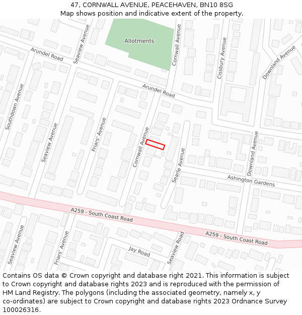 47, CORNWALL AVENUE, PEACEHAVEN, BN10 8SG: Location map and indicative extent of plot