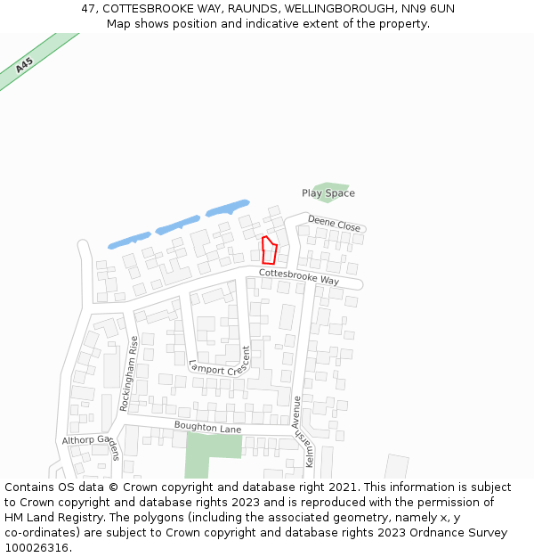 47, COTTESBROOKE WAY, RAUNDS, WELLINGBOROUGH, NN9 6UN: Location map and indicative extent of plot