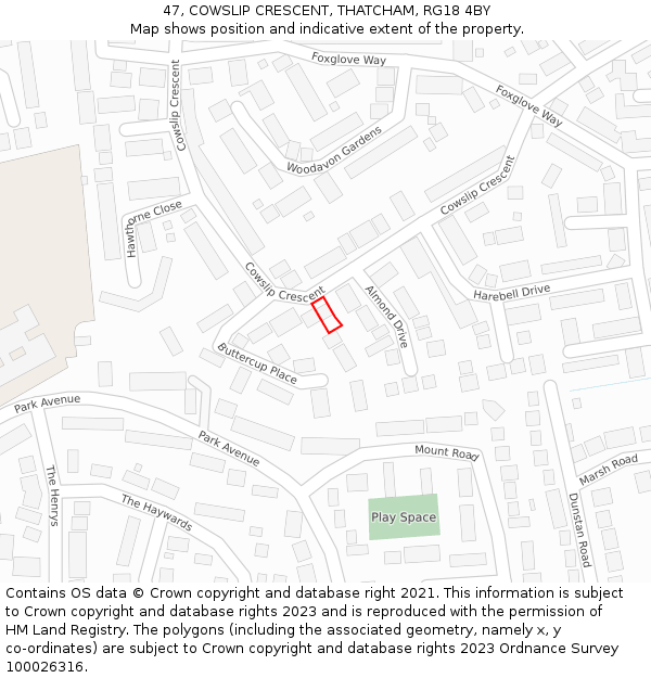 47, COWSLIP CRESCENT, THATCHAM, RG18 4BY: Location map and indicative extent of plot