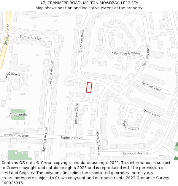 47, CRANMERE ROAD, MELTON MOWBRAY, LE13 1TA: Location map and indicative extent of plot
