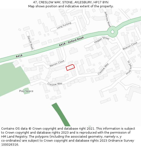 47, CRESLOW WAY, STONE, AYLESBURY, HP17 8YN: Location map and indicative extent of plot