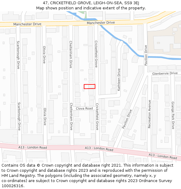 47, CRICKETFIELD GROVE, LEIGH-ON-SEA, SS9 3EJ: Location map and indicative extent of plot