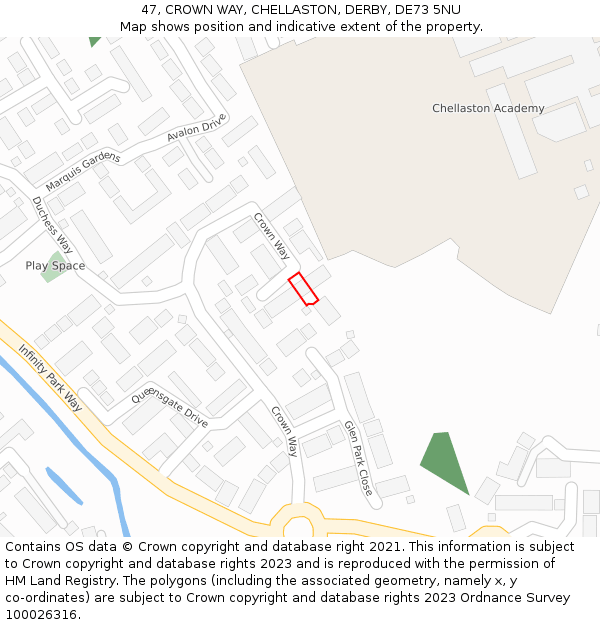 47, CROWN WAY, CHELLASTON, DERBY, DE73 5NU: Location map and indicative extent of plot