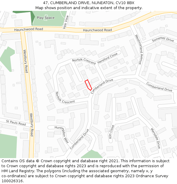 47, CUMBERLAND DRIVE, NUNEATON, CV10 8BX: Location map and indicative extent of plot