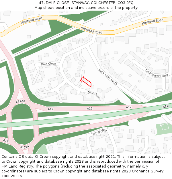 47, DALE CLOSE, STANWAY, COLCHESTER, CO3 0FQ: Location map and indicative extent of plot