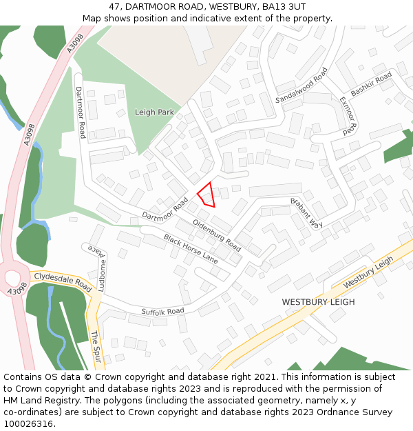 47, DARTMOOR ROAD, WESTBURY, BA13 3UT: Location map and indicative extent of plot