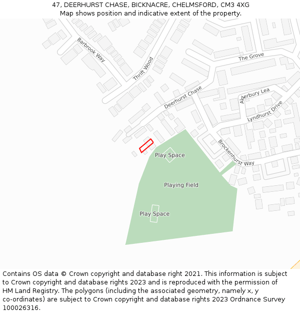 47, DEERHURST CHASE, BICKNACRE, CHELMSFORD, CM3 4XG: Location map and indicative extent of plot