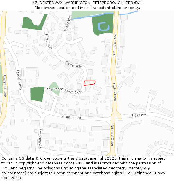 47, DEXTER WAY, WARMINGTON, PETERBOROUGH, PE8 6WH: Location map and indicative extent of plot