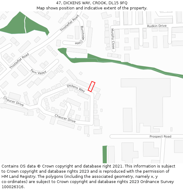 47, DICKENS WAY, CROOK, DL15 9FQ: Location map and indicative extent of plot