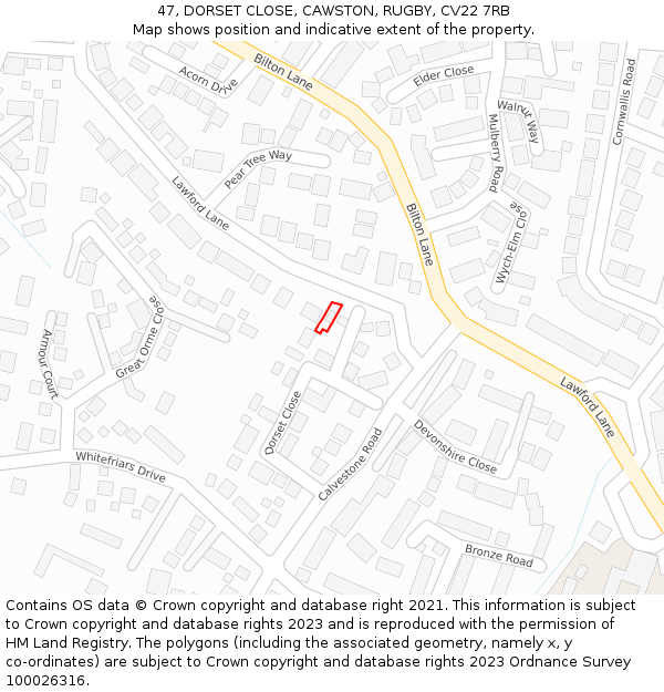 47, DORSET CLOSE, CAWSTON, RUGBY, CV22 7RB: Location map and indicative extent of plot