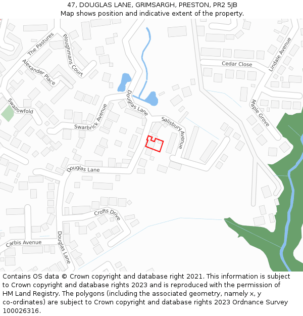 47, DOUGLAS LANE, GRIMSARGH, PRESTON, PR2 5JB: Location map and indicative extent of plot