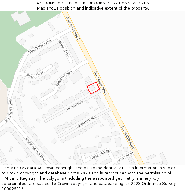 47, DUNSTABLE ROAD, REDBOURN, ST ALBANS, AL3 7PN: Location map and indicative extent of plot
