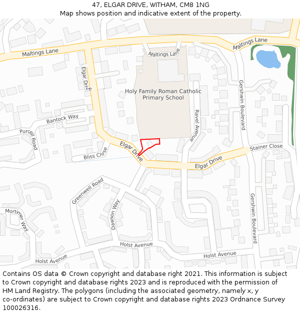 47, ELGAR DRIVE, WITHAM, CM8 1NG: Location map and indicative extent of plot