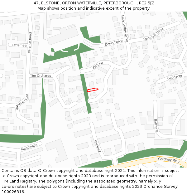 47, ELSTONE, ORTON WATERVILLE, PETERBOROUGH, PE2 5JZ: Location map and indicative extent of plot