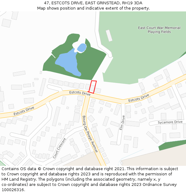 47, ESTCOTS DRIVE, EAST GRINSTEAD, RH19 3DA: Location map and indicative extent of plot