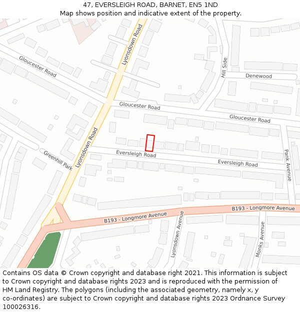 47, EVERSLEIGH ROAD, BARNET, EN5 1ND: Location map and indicative extent of plot