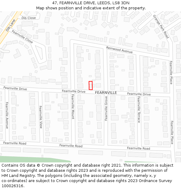 47, FEARNVILLE DRIVE, LEEDS, LS8 3DN: Location map and indicative extent of plot