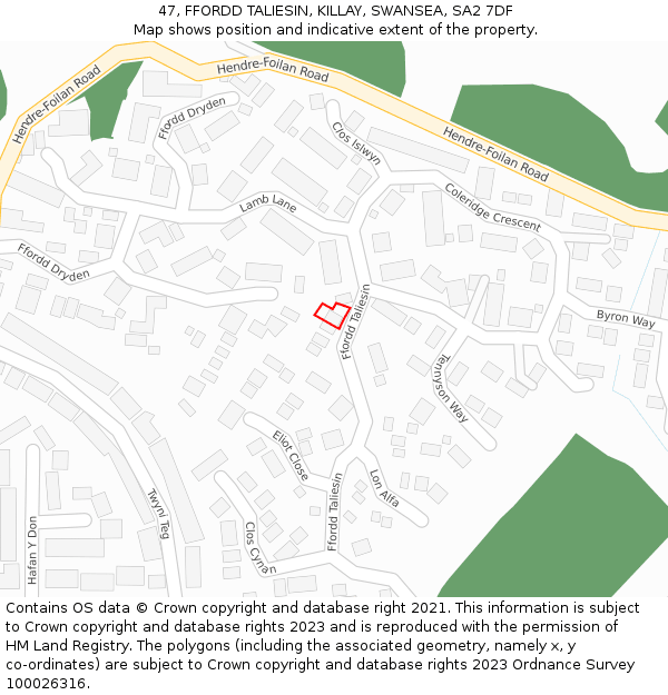 47, FFORDD TALIESIN, KILLAY, SWANSEA, SA2 7DF: Location map and indicative extent of plot